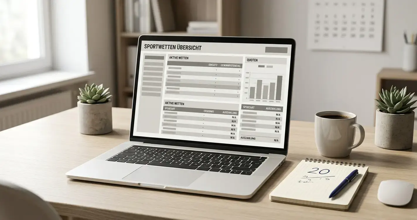 Arbeitsplatz mit Laptop und Notizen für Sportwetten-Vergleich mit 20 Euro Einzahlung