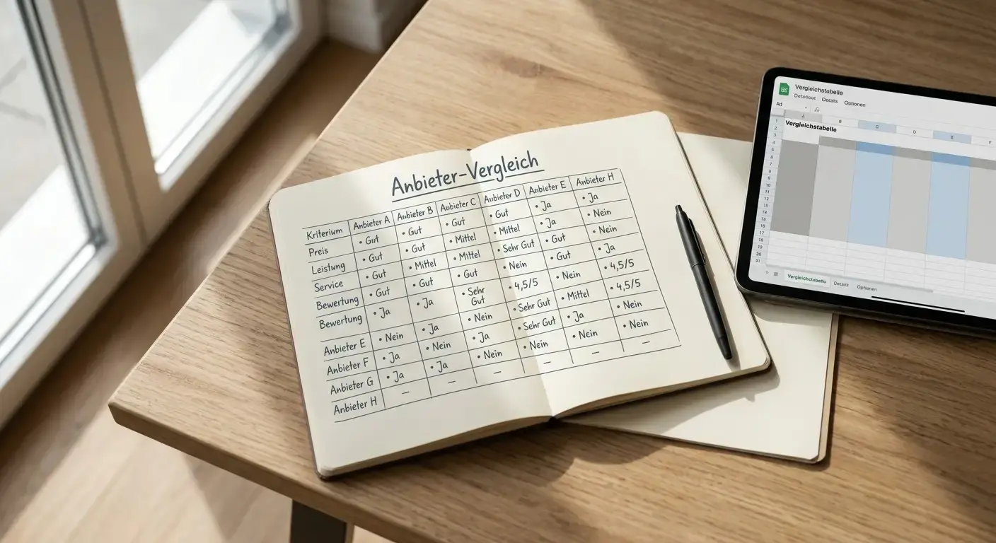 Aufgeklapptes Notizbuch mit handschriftlichen Notizen und Vergleichstabelle neben Tablet