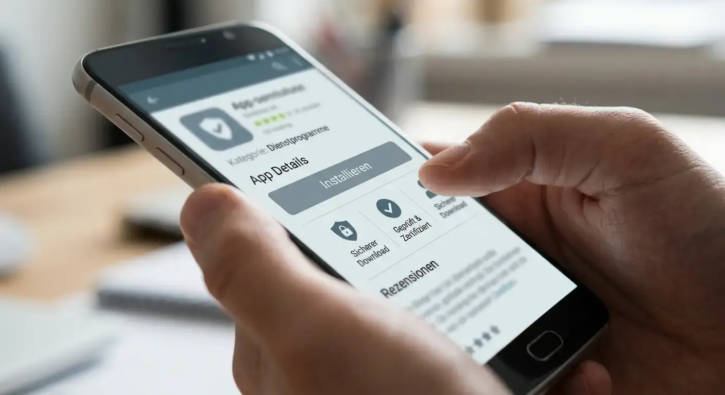 Smartphone-Bildschirm zeigt sicheren App-Download-Prozess