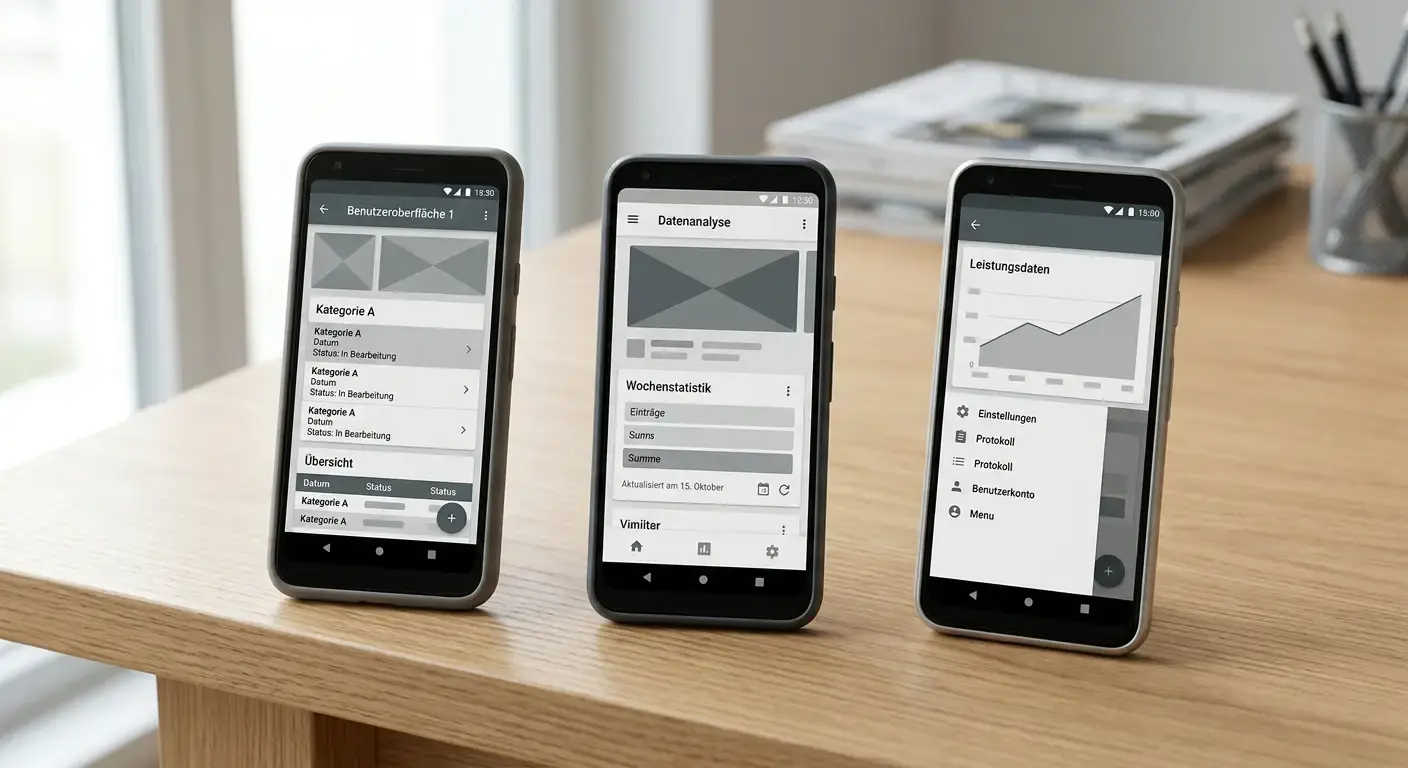 Mehrere Android-Smartphones nebeneinander für App-Vergleich angeordnet