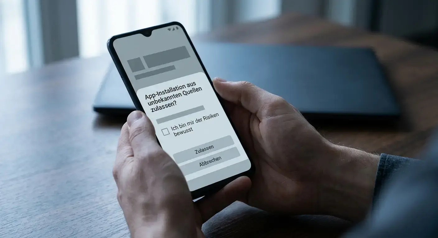 Hände halten ein Android-Smartphone mit einem neutralen Sicherheitsdialog
