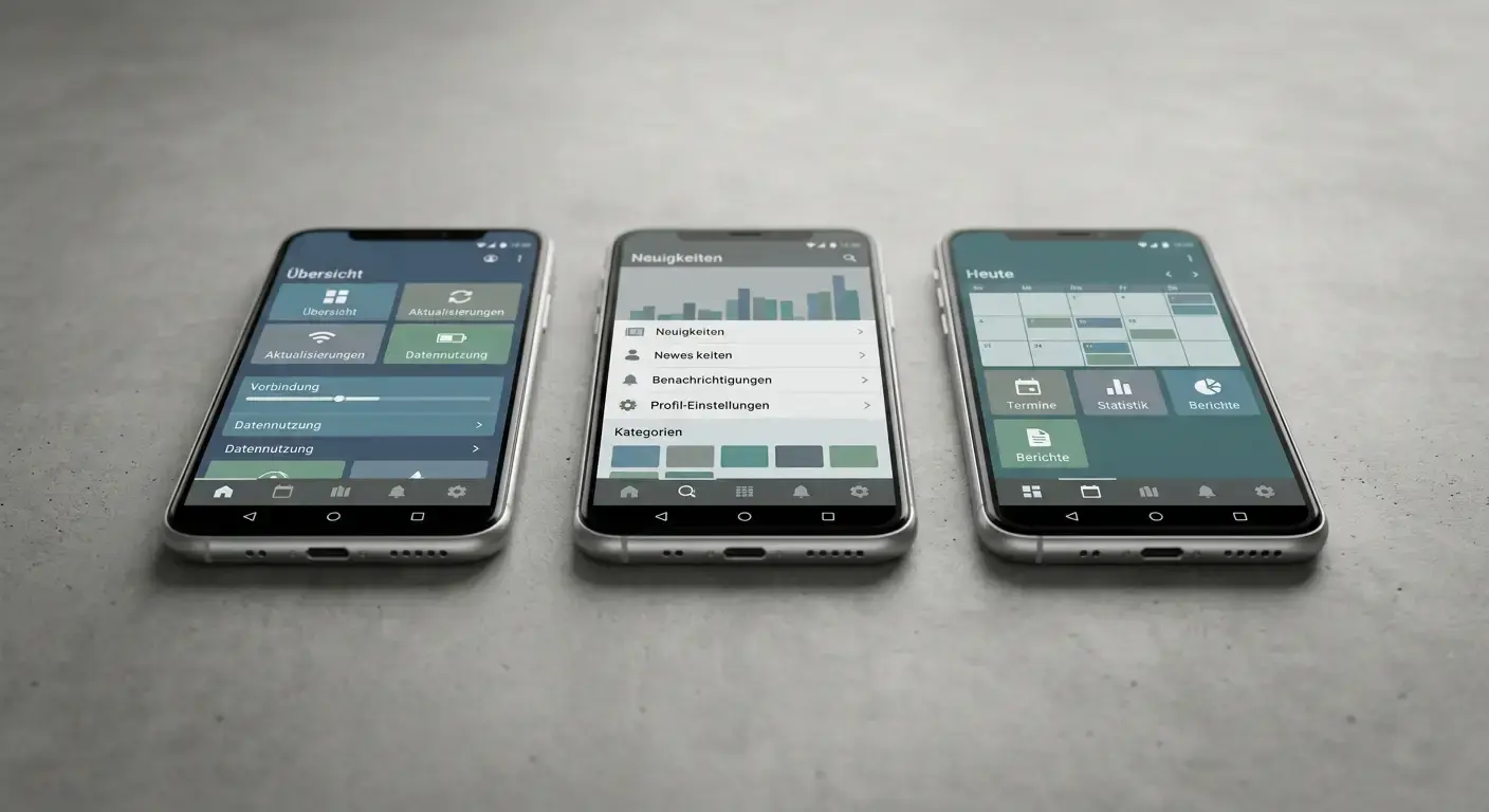 Drei Smartphones nebeneinander mit verschiedenen App-Oberflächen auf neutralem Hintergrund