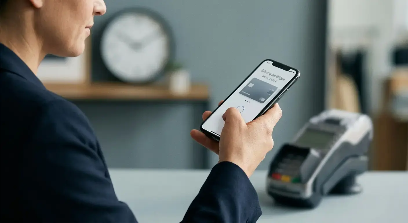 Hand hält Smartphone für mobile Zahlung, Uhr im Hintergrund symbolisiert Zeitfaktor