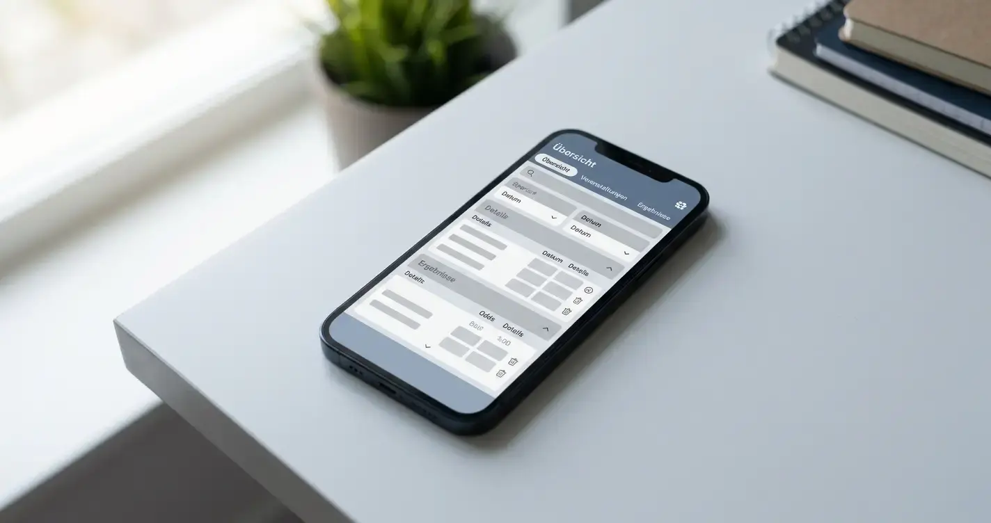 Smartphone mit neutraler Wett-App-Oberfläche auf minimalistischem Schreibtisch