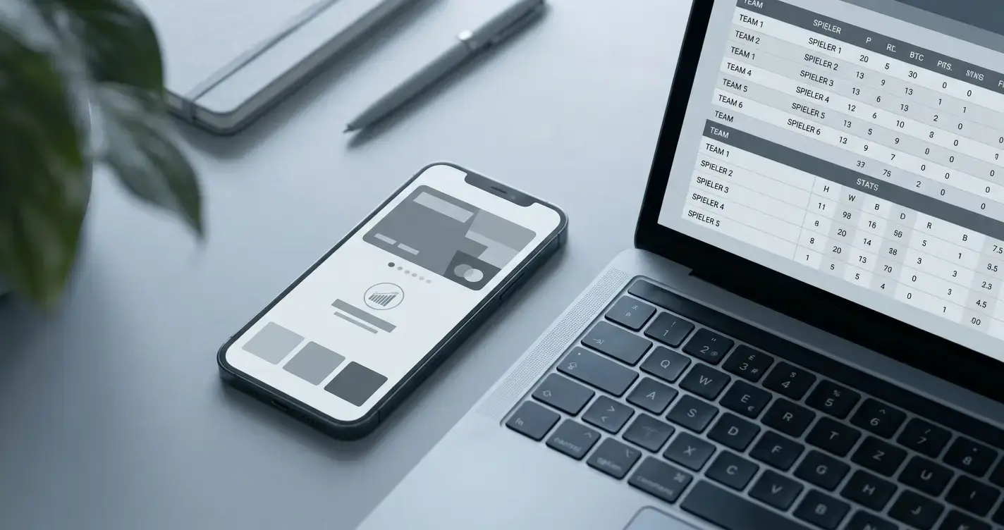 Smartphone mit neutraler Zahlungsschnittstelle neben Sportergebnissen auf einem Laptop