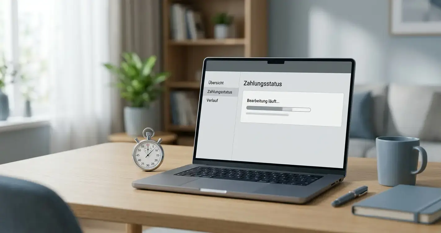 Laptop mit abstrakter Zahlungsschnittstelle und Stoppuhr symbolisieren schnelle Auszahlungen bei Wettanbietern