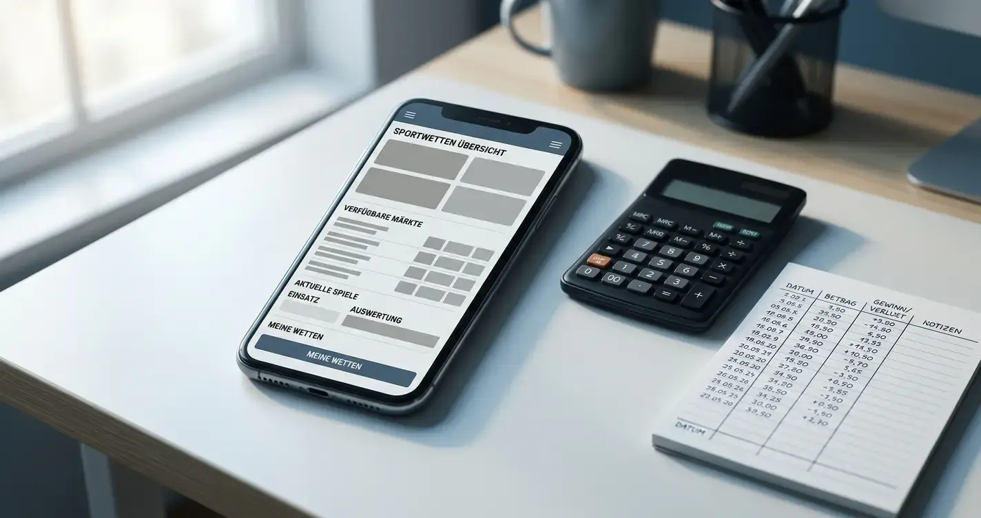Smartphone mit neutraler Wett-App-Oberfläche und Taschenrechner auf Schreibtisch, symbolisiert Vergleich und Berechnung von Sportwetten-Angeboten