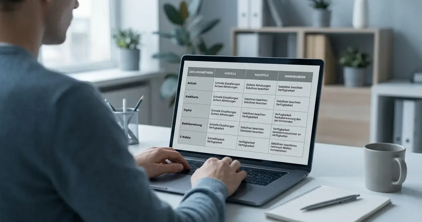 Person analysiert Aircash-Zahlungsoptionen bei deutschen Wettanbietern am Laptop