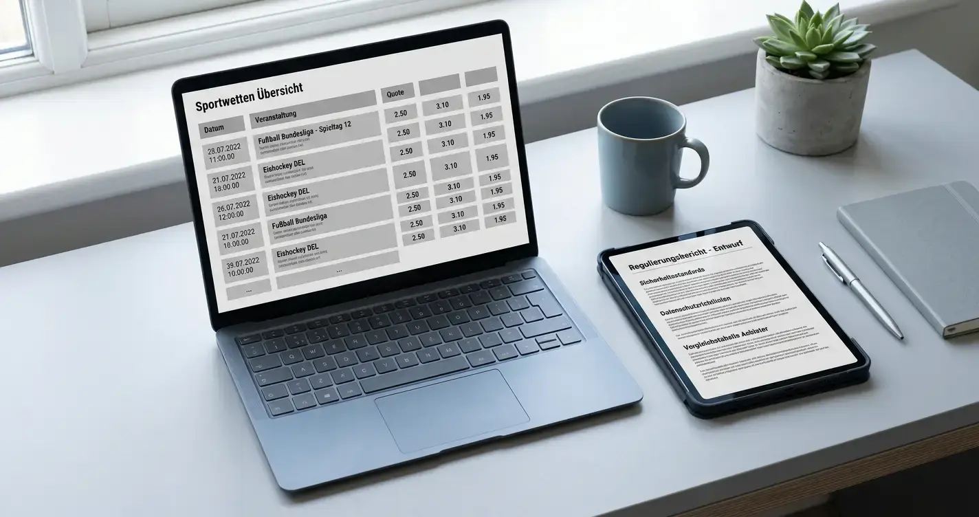 Laptop mit abstrakten Wettquoten und Dokumenten auf neutralem Schreibtisch