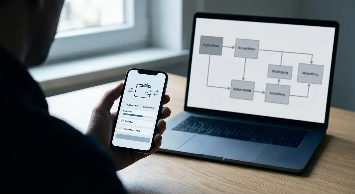 Ablauf einer Bitcoin-Transaktion von Wallet zu Wettkonto visualisiert