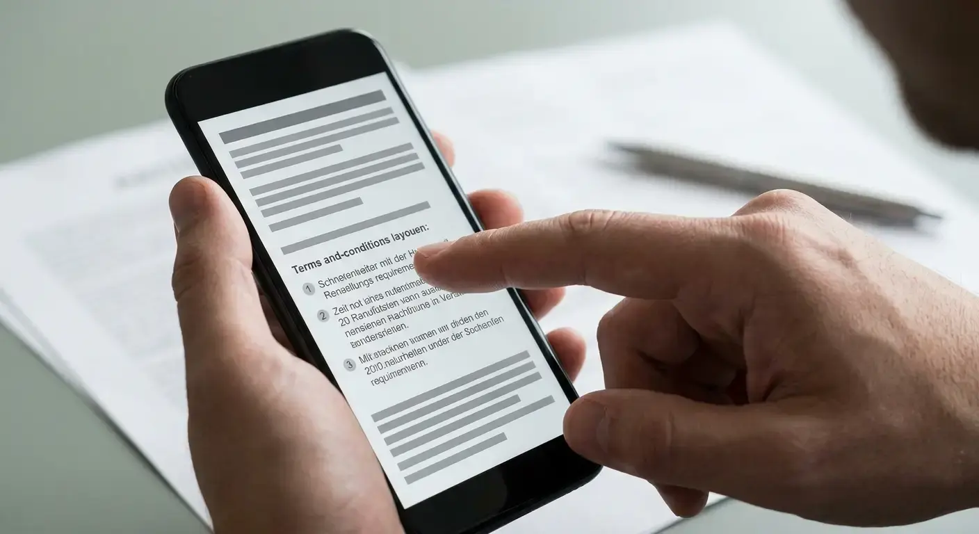 Hand zeigt auf Smartphone-Display mit Bonusbedingungen und Durchrechnungs-Anforderungen in neutraler Darstellung
