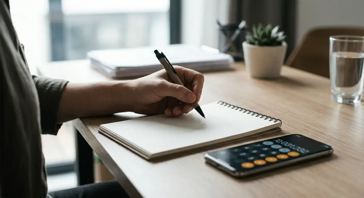 Hand mit Stift über Notizblock neben Smartphone mit Taschenrechner-App