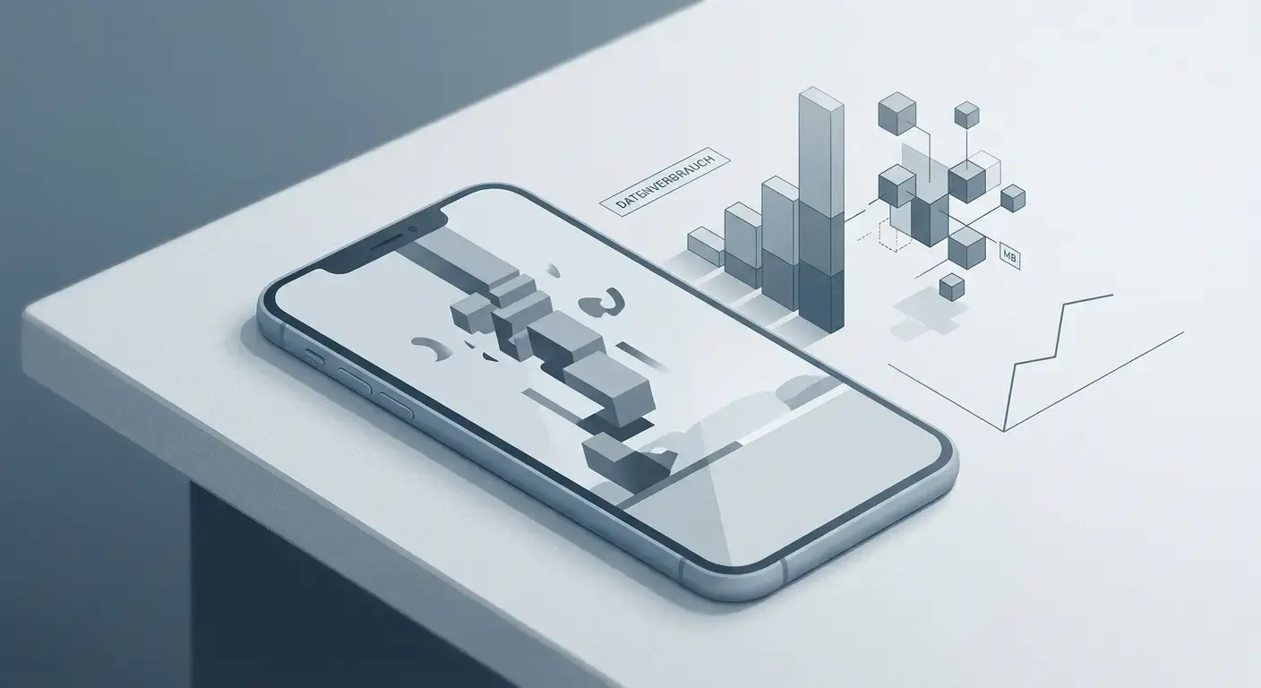 Smartphone zeigt Videostream neben abstrakter Visualisierung des Datenvolumens