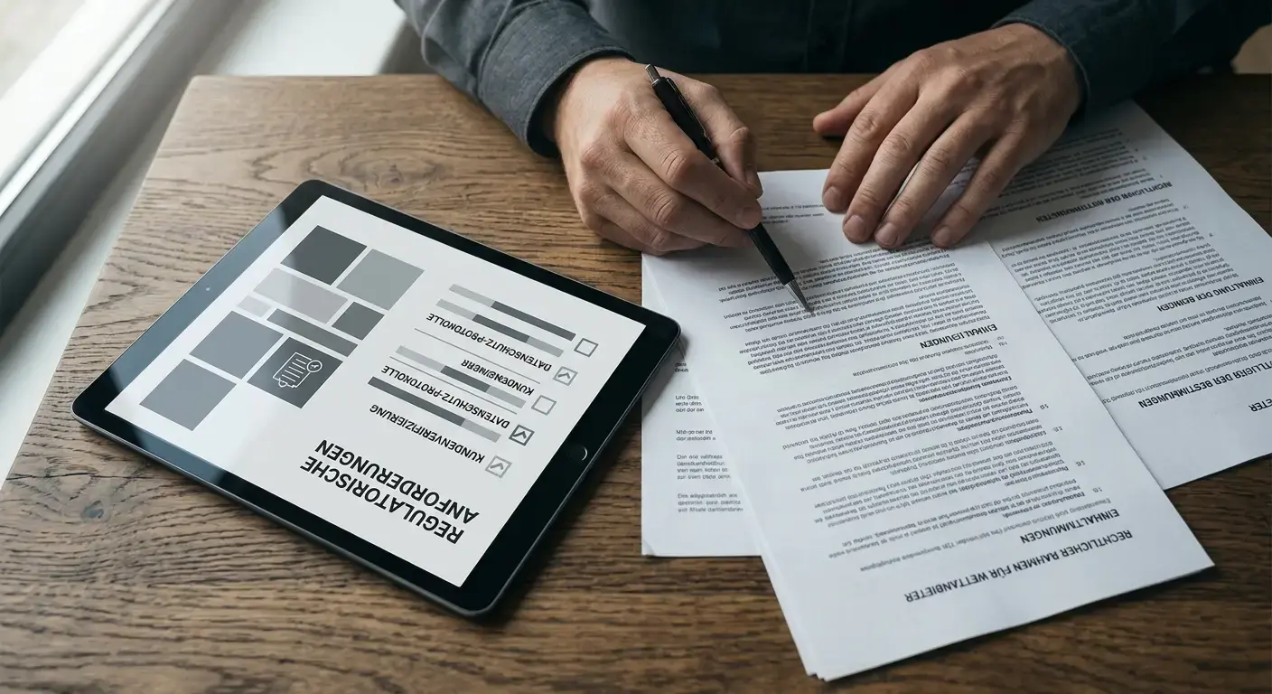 Offizielle Dokumente und Tablet mit Compliance-Elementen zur deutschen Glücksspielregulierung