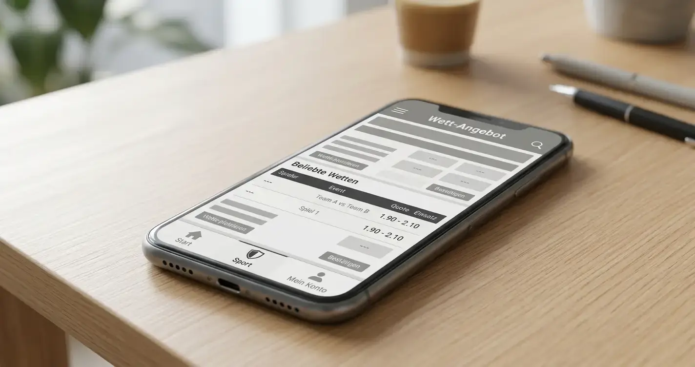 Smartphone mit Wett-App auf einem Schreibtisch, neutrales Interface im Fokus