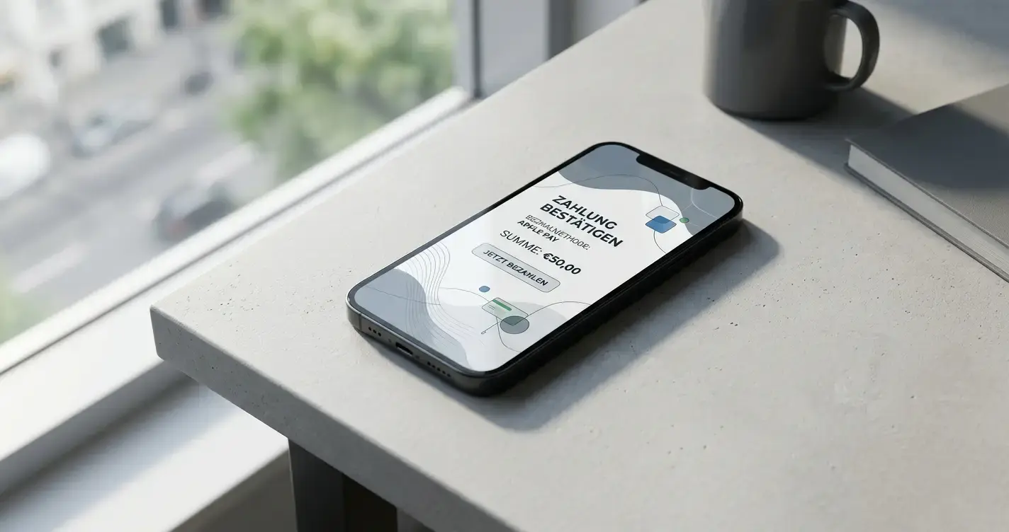 Smartphone mit Apple Pay Interface auf aufgeräumtem Schreibtisch in neutralem Tageslicht