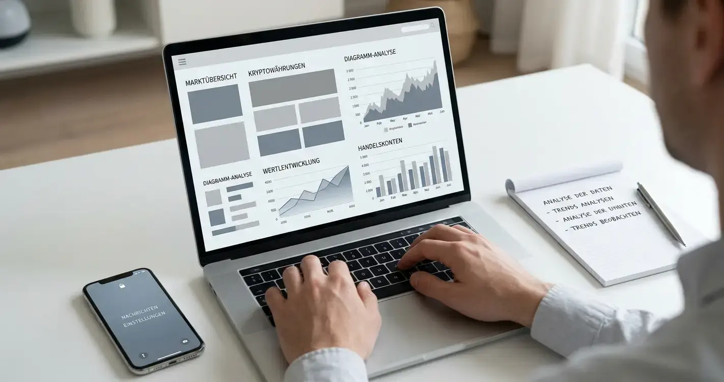 Person analysiert Krypto-Wettanbieter am Laptop in neutralem Arbeitsumfeld