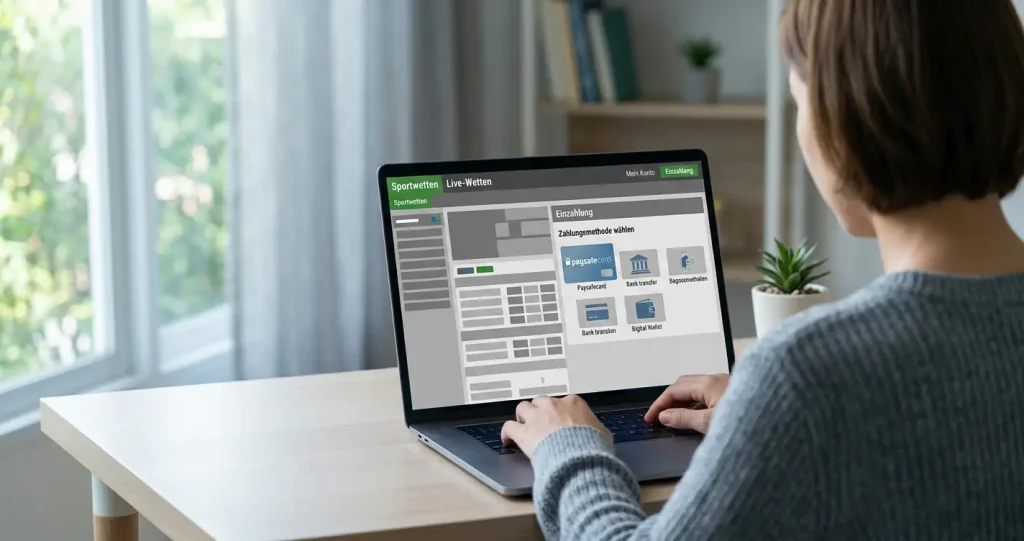 Person nutzt Paysafecard für Online-Wetten am Laptop in ruhiger häuslicher Umgebung