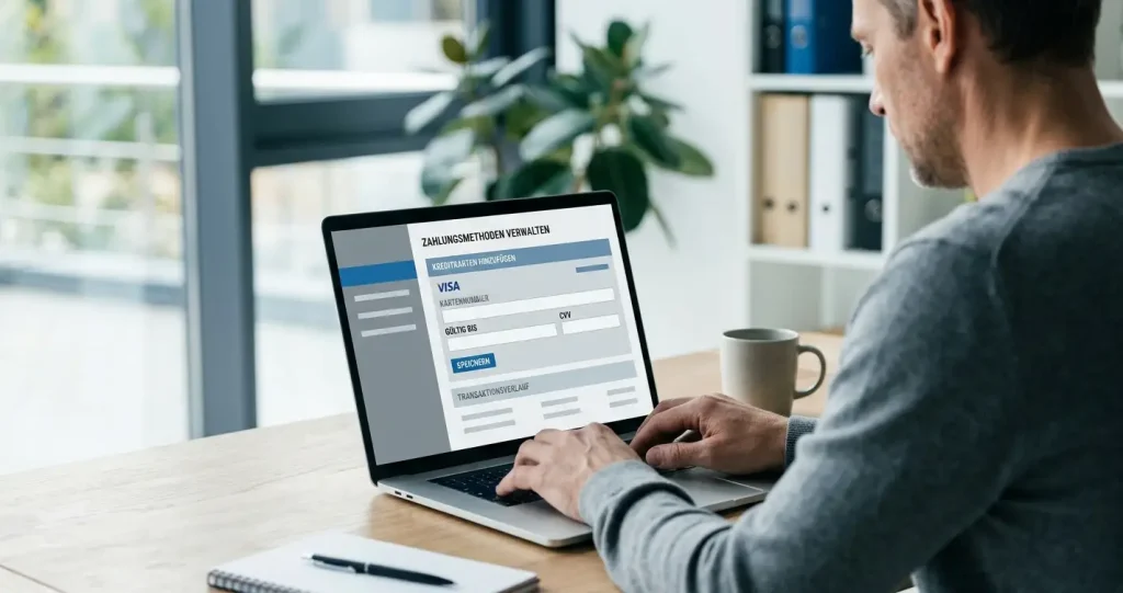 Person recherchiert Zahlungsbedingungen für Sportwetten am Laptop