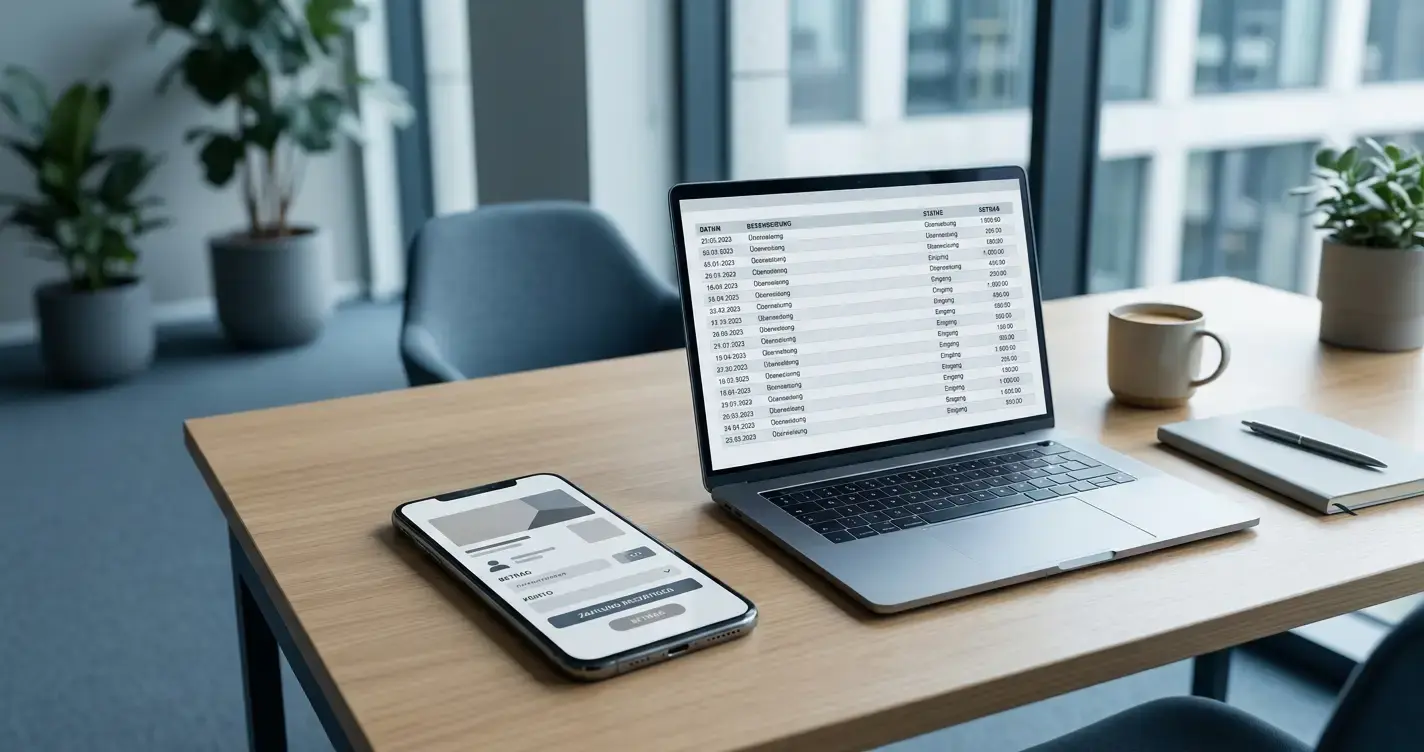 Smartphone mit Zahlungs-App neben Laptop auf aufgeräumtem Schreibtisch