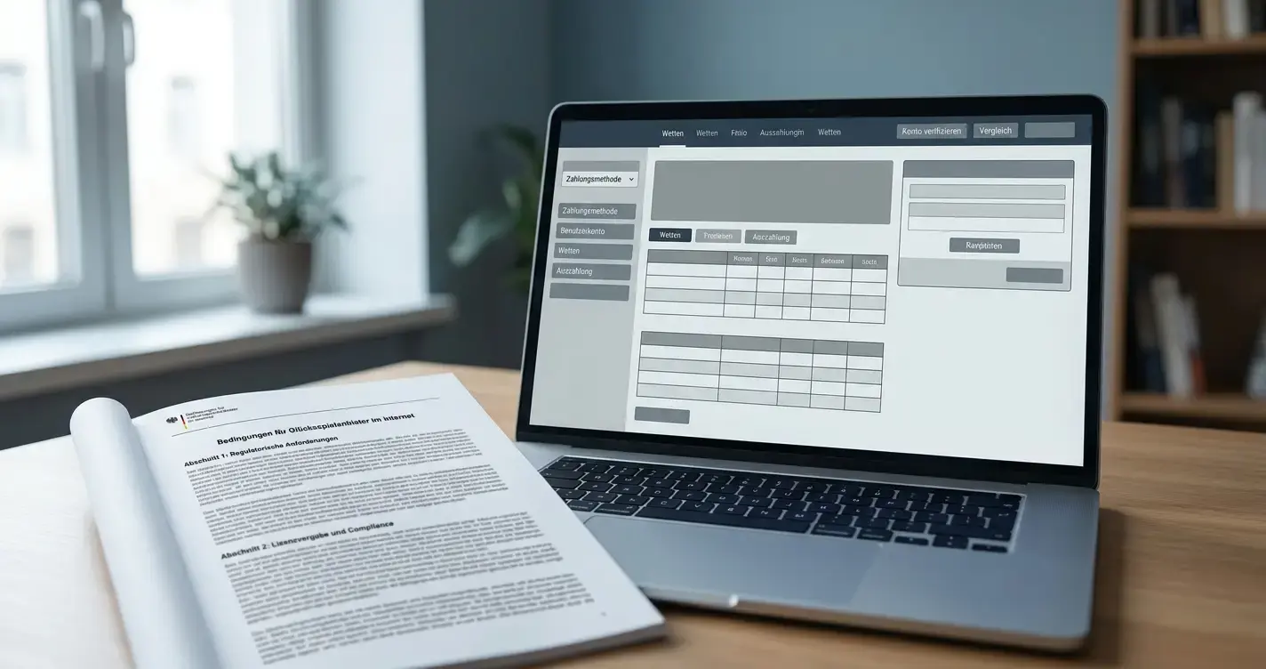 Laptop mit abstraktem Wettanbieter-Interface und Dokumenten zur deutschen Glücksspielregulierung