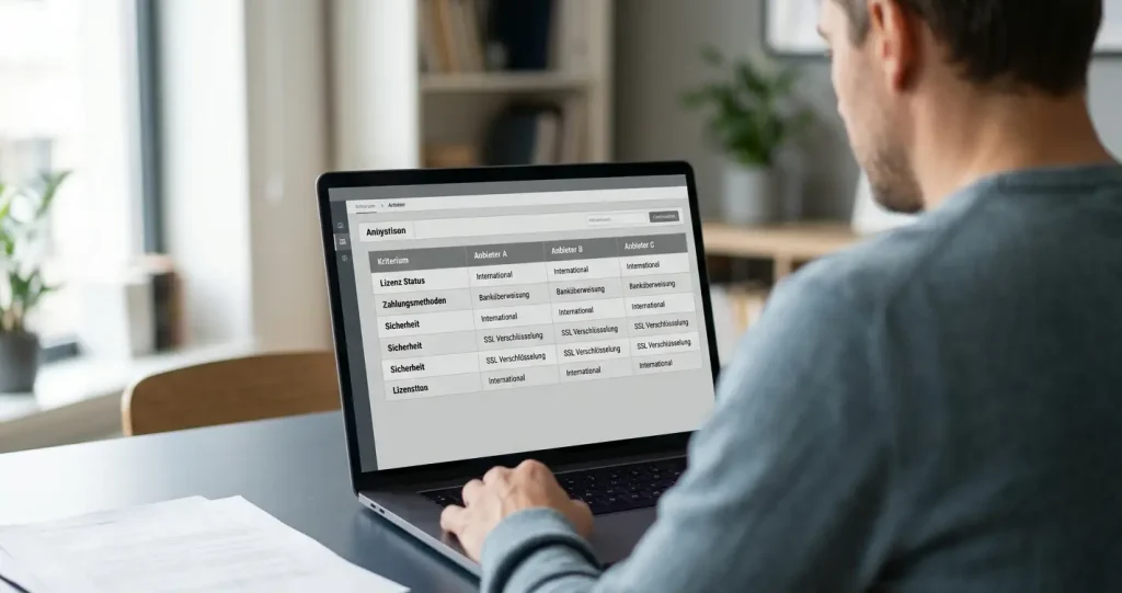 Vergleich von Wettanbietern mit und ohne deutsche Lizenz auf einem Laptop-Bildschirm