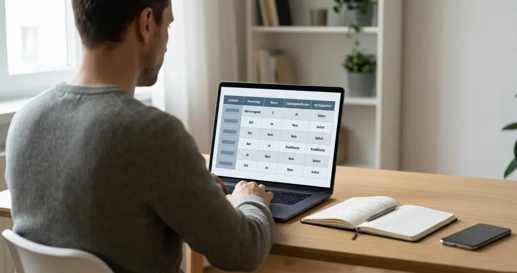 Person analysiert Wettanbieter-Optionen außerhalb des deutschen Regulierungssystems am Laptop