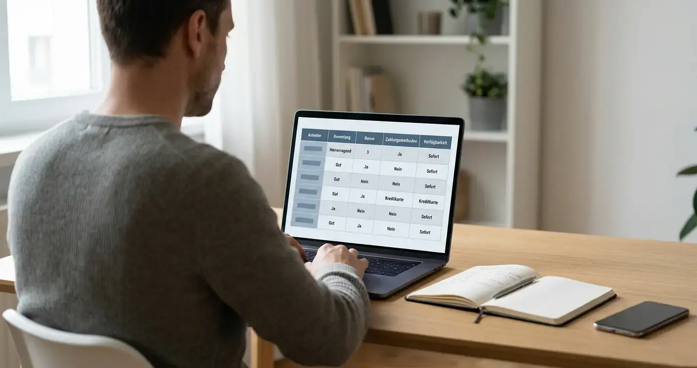 Person analysiert Wettanbieter-Optionen außerhalb des deutschen Regulierungssystems am Laptop