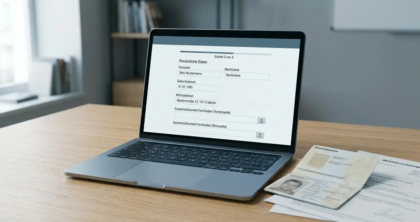 Laptop mit neutralem Verifizierungsformular und Dokumenten auf einem aufgeräumten Schreibtisch