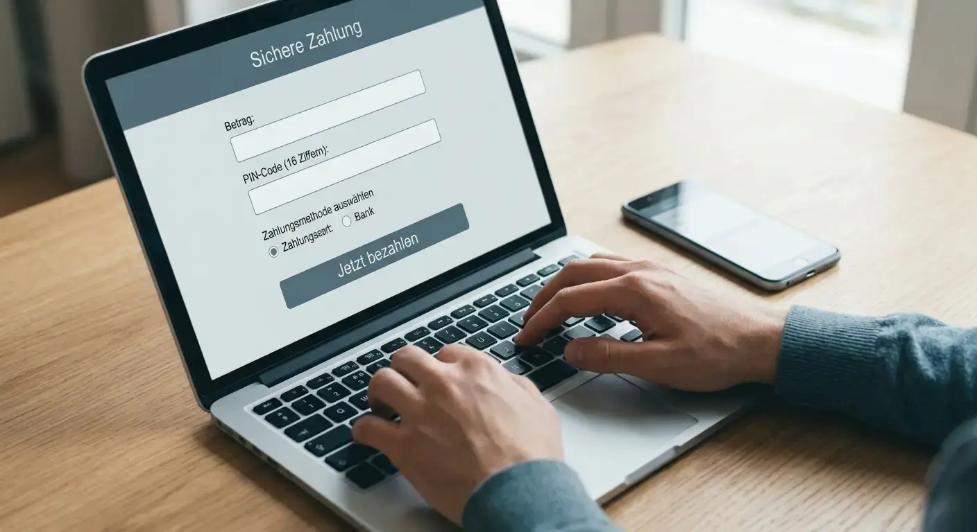 Hände geben Zahlungsinformationen am Laptop ein während des Einzahlungsvorgangs