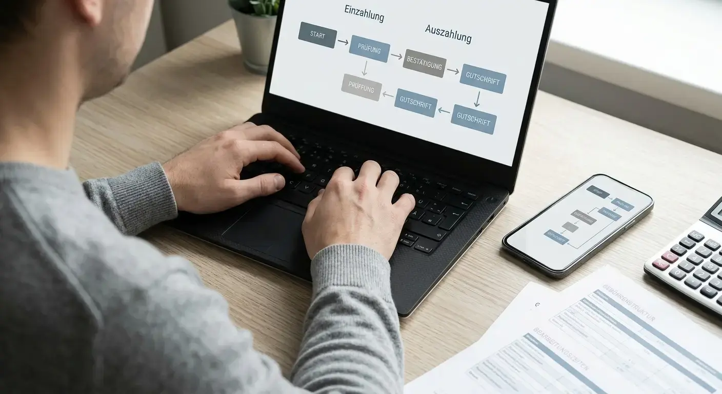 Person analysiert Zahlungsgebühren auf Laptop und Smartphone