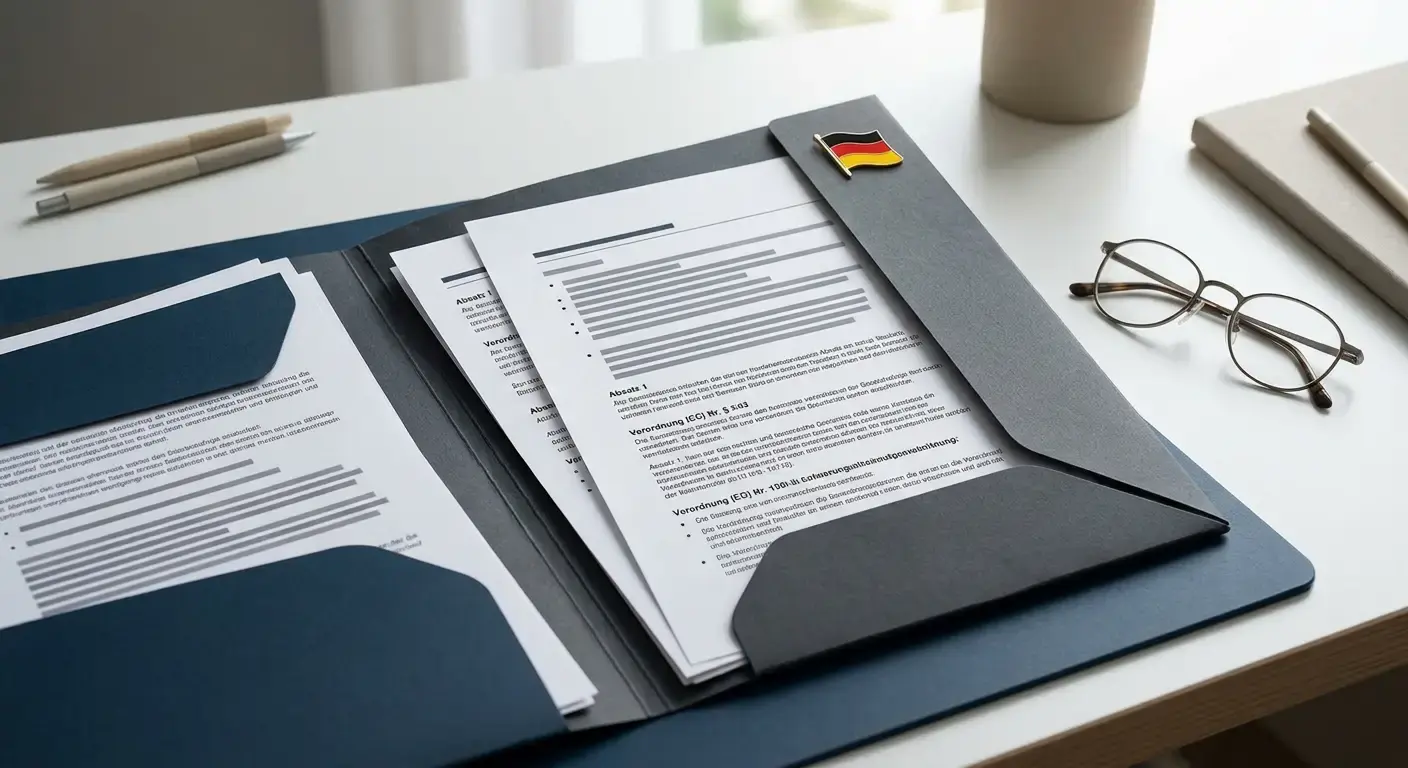 Dokument mit deutschen Regulierungsrichtlinien auf Schreibtisch