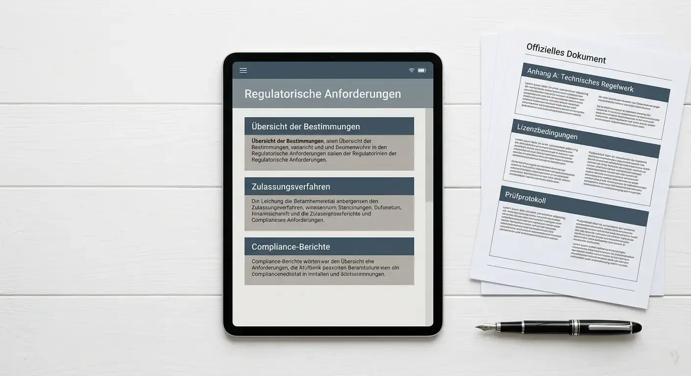 Offizielle Dokumente und Tablet mit Regulierungsinformationen zur deutschen Glücksspiel-Lizenz