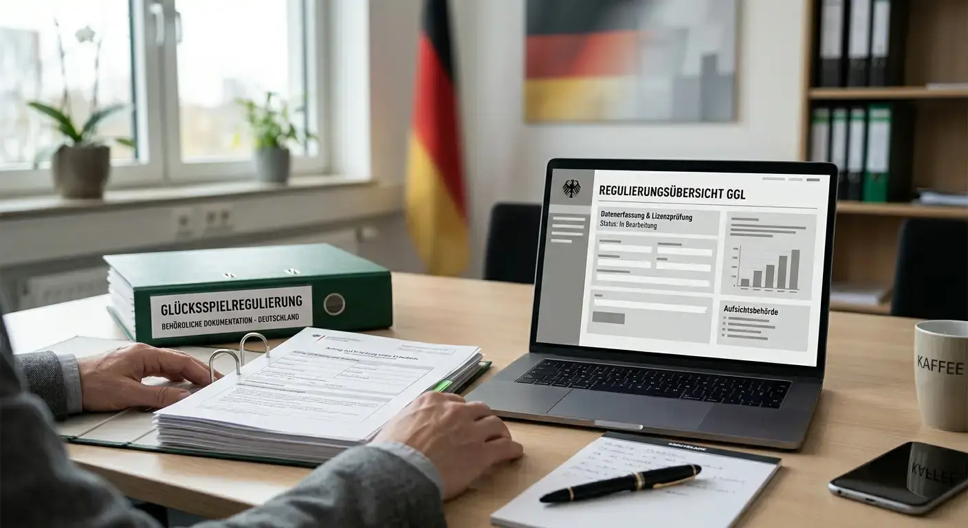 Offizielles Dokument und Laptop symbolisieren den rechtlichen Rahmen des lizenzierten Wettens