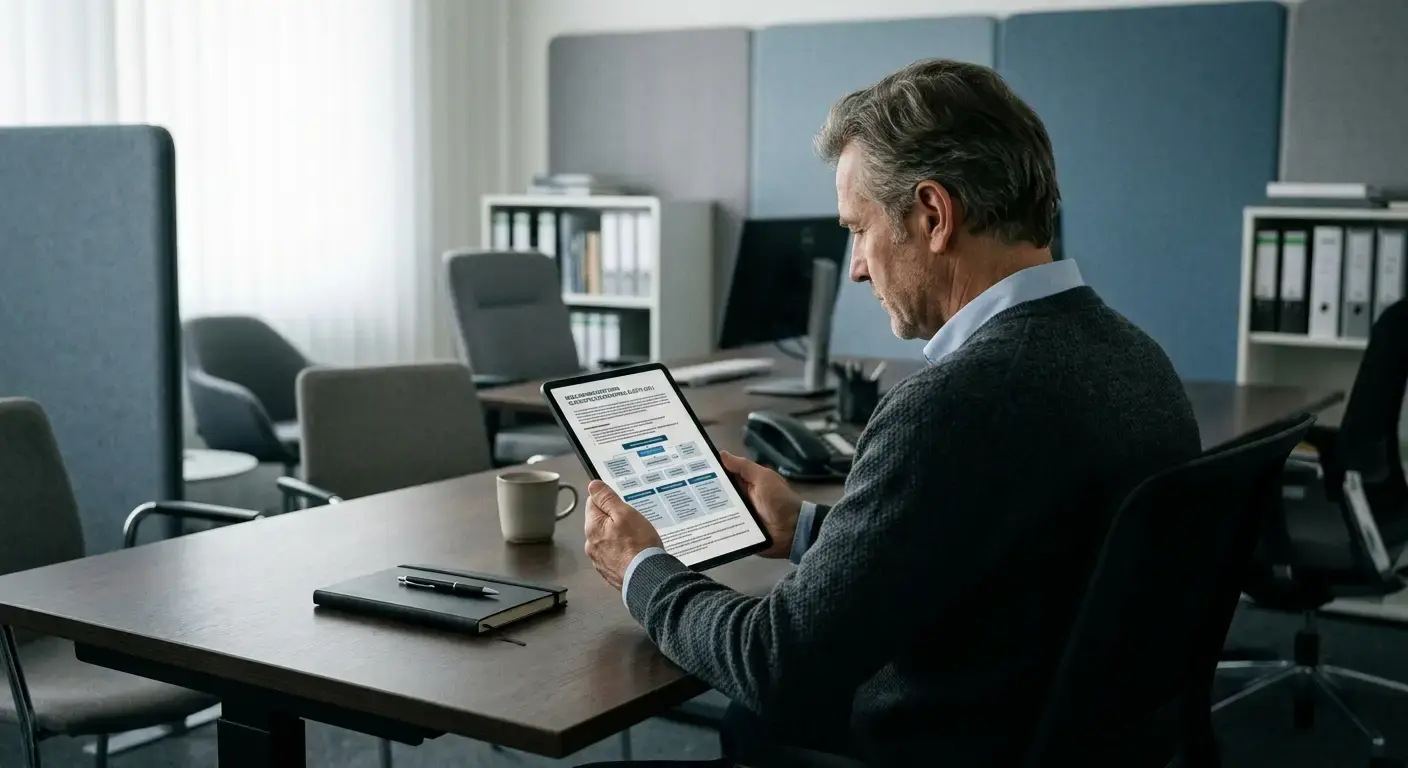 Person liest deutsche Glücksspiel-Regulierungen auf Tablet-Bildschirm
