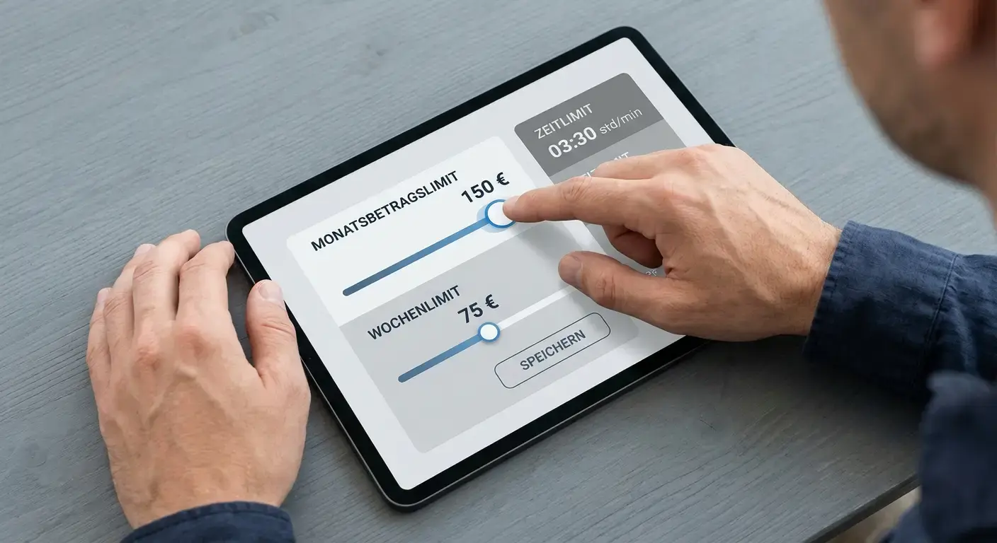 Person setzt Einzahlungslimit auf Tablet-Bildschirm