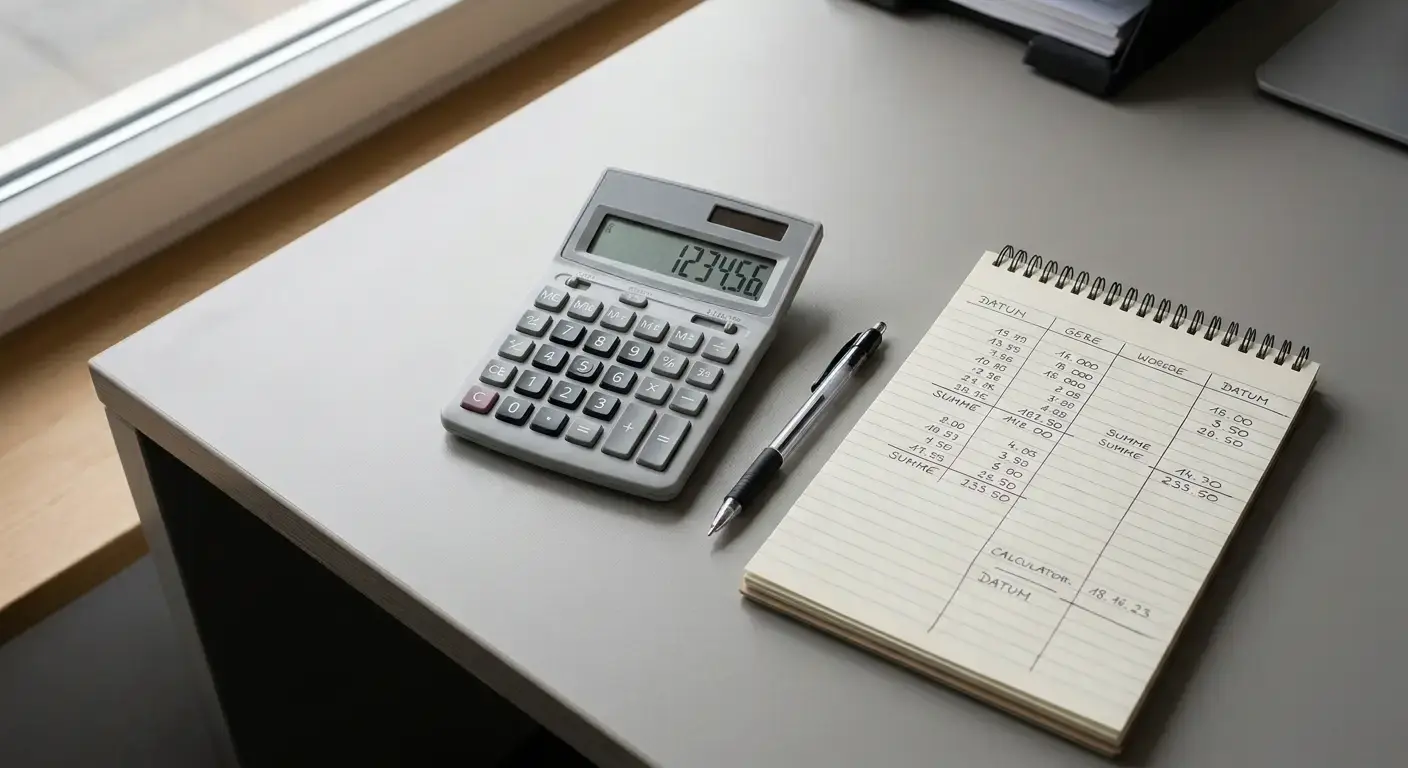 Taschenrechner und Notizen mit Berechnungen auf Schreibtisch