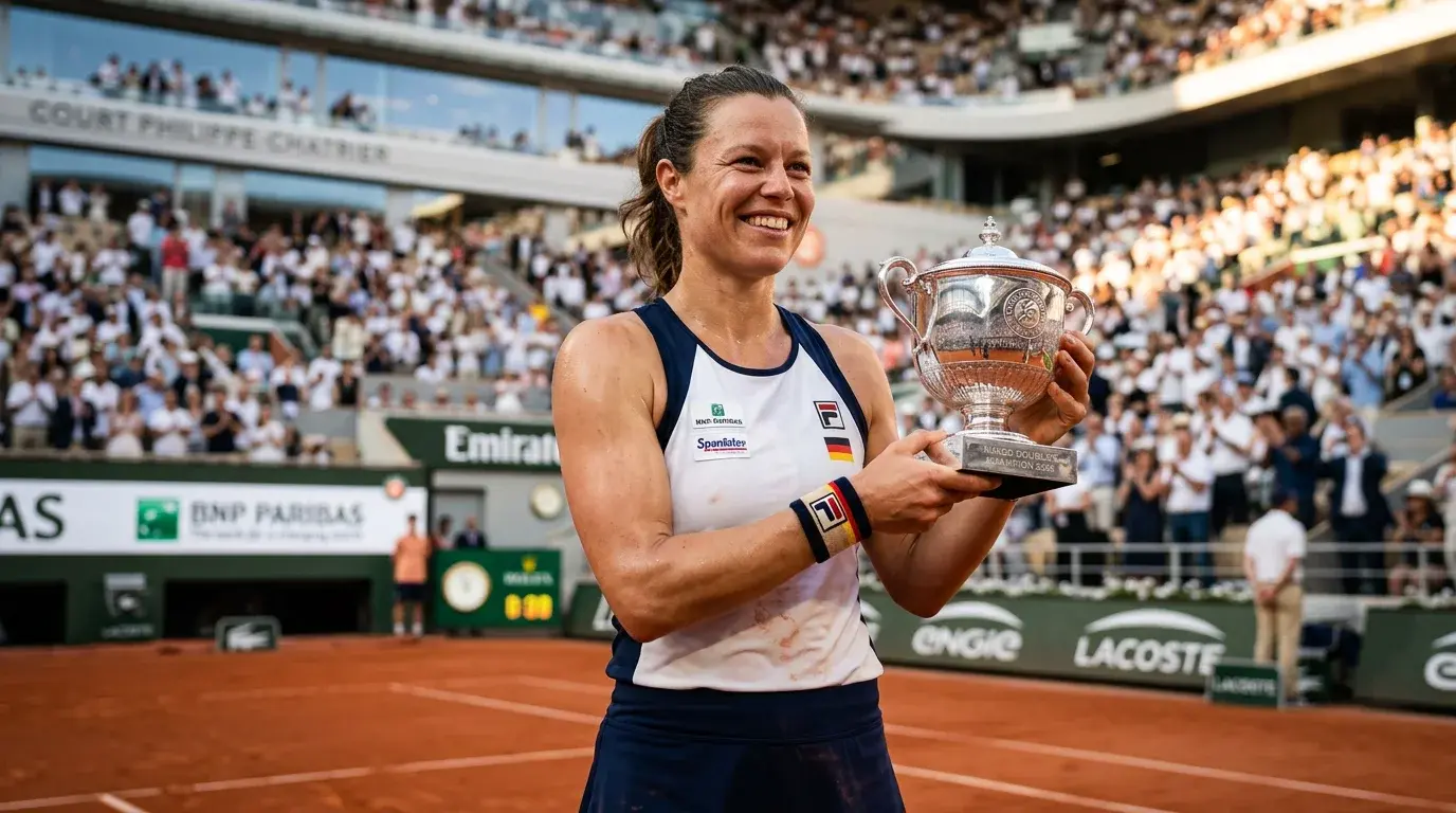 Laura Siegemund mit dem Grand-Slam-Pokal — deutsche Tennisspielerin mit Mixed-Titel