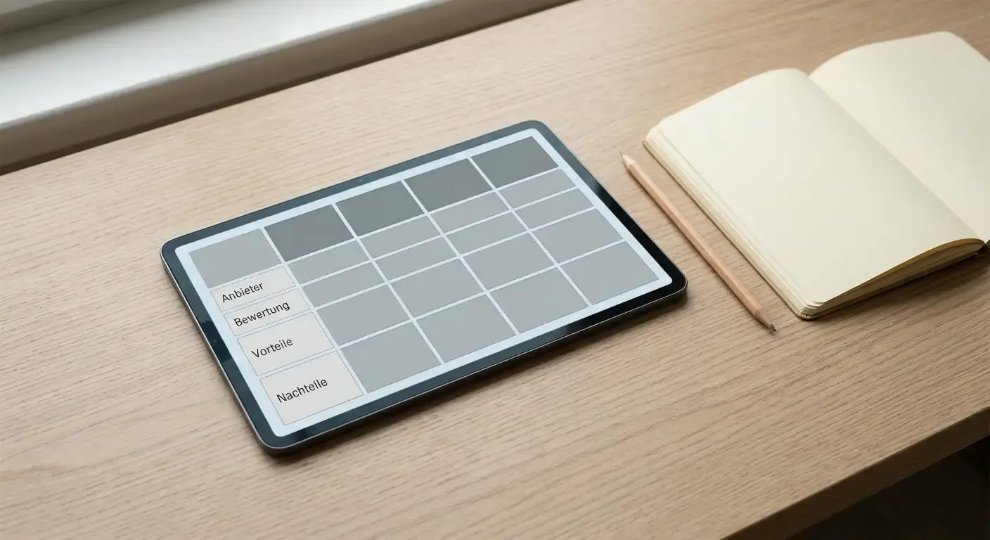 Vergleichstabelle mit neutralen App-Kacheln auf einem Tablet