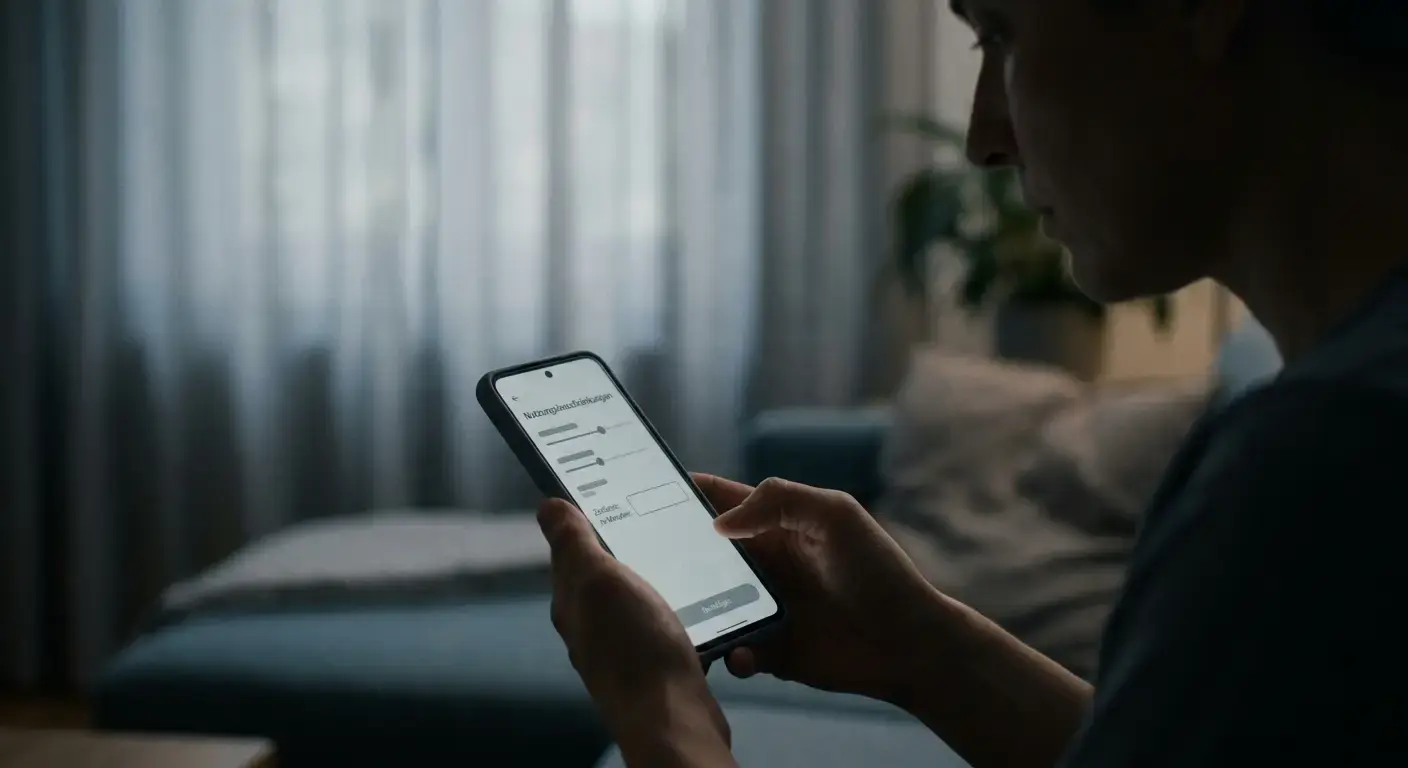 Silhouette einer Person, die auf ein Smartphone mit neutralem Limit-Dialog blickt