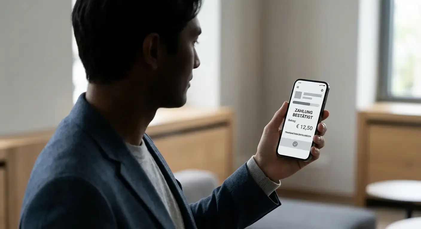 Hand hält Smartphone beim mobilen Bezahlvorgang, neutraler Zahlungsbildschirm