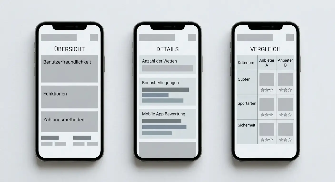 Mehrere Smartphones nebeneinander zum Vergleich verschiedener Wett-Apps