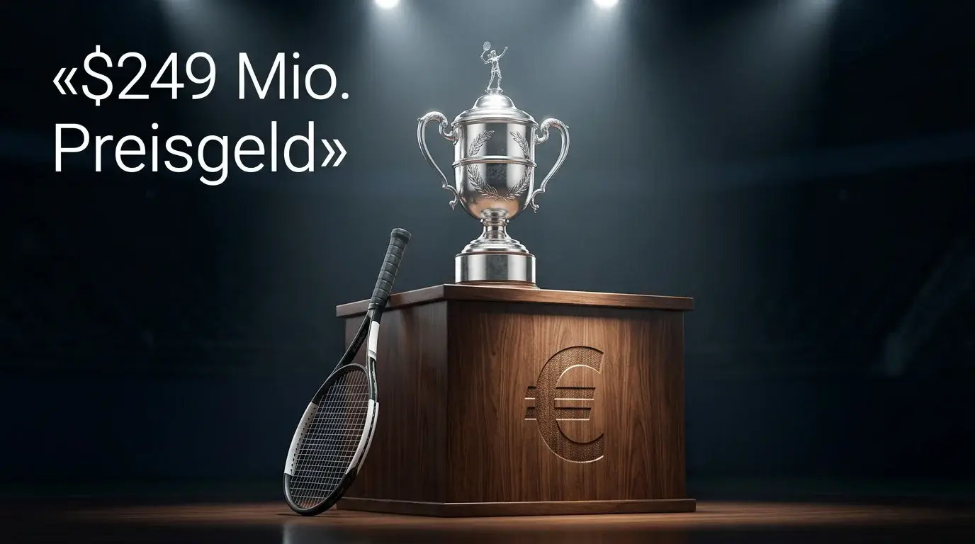 Symbolbild Preisgeld im Frauentennis — WTA-Pokal und Eurozeichen auf dem Tennisplatz