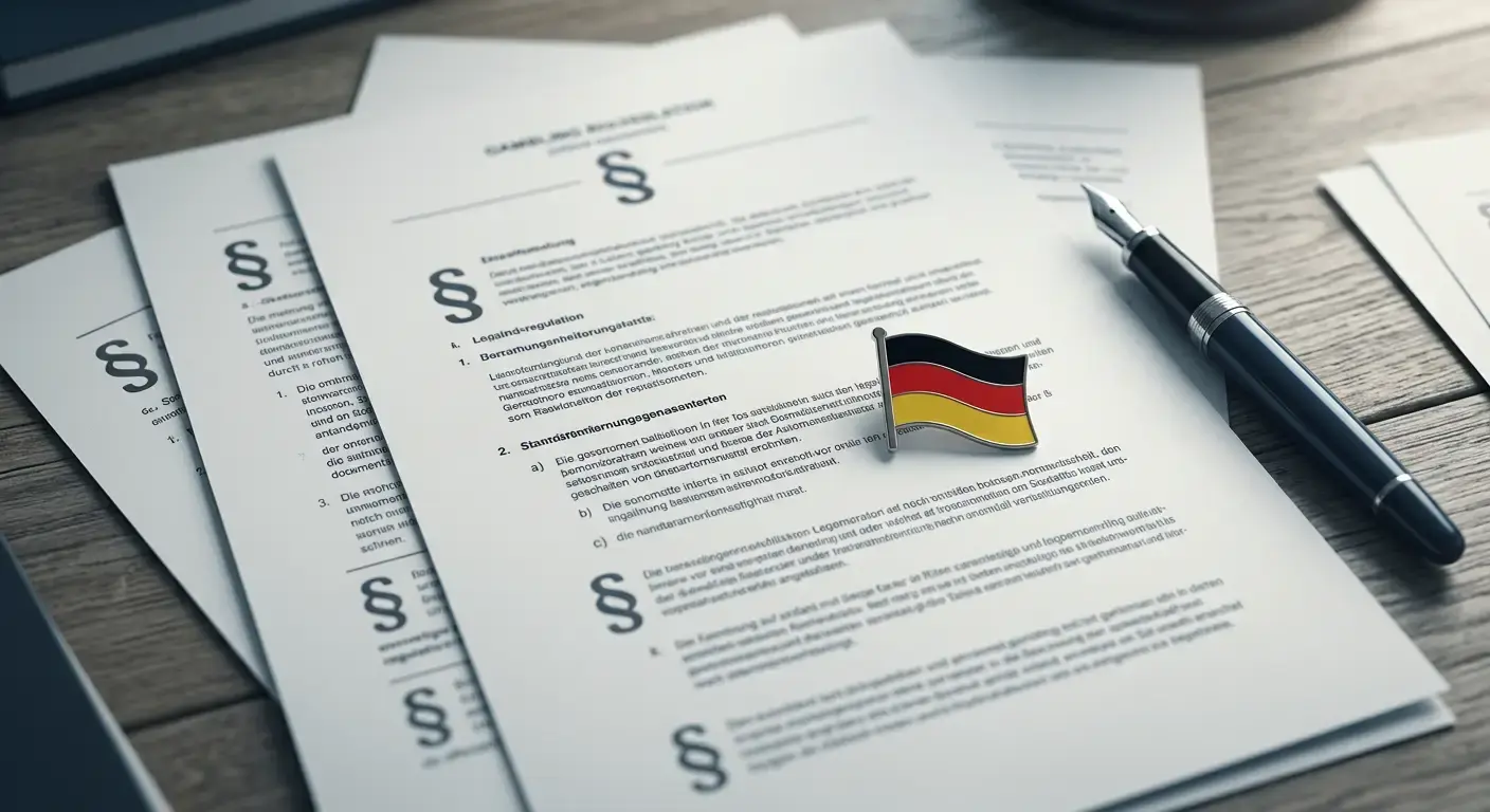 Dokument mit Paragraphenzeichen und deutscher Flagge symbolisiert rechtliche Rahmenbedingungen