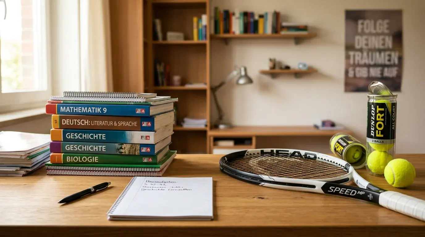 Tennisschläger und Schulbücher nebeneinander — Dilemma zwischen Bildung und Tenniskarriere in Deutschland