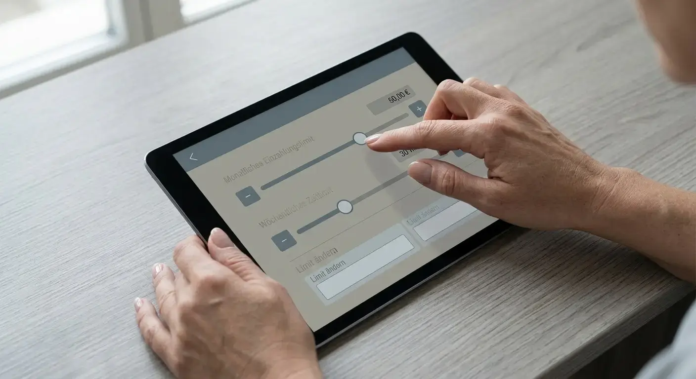 Person konfiguriert Einzahlungslimits auf einem Tablet