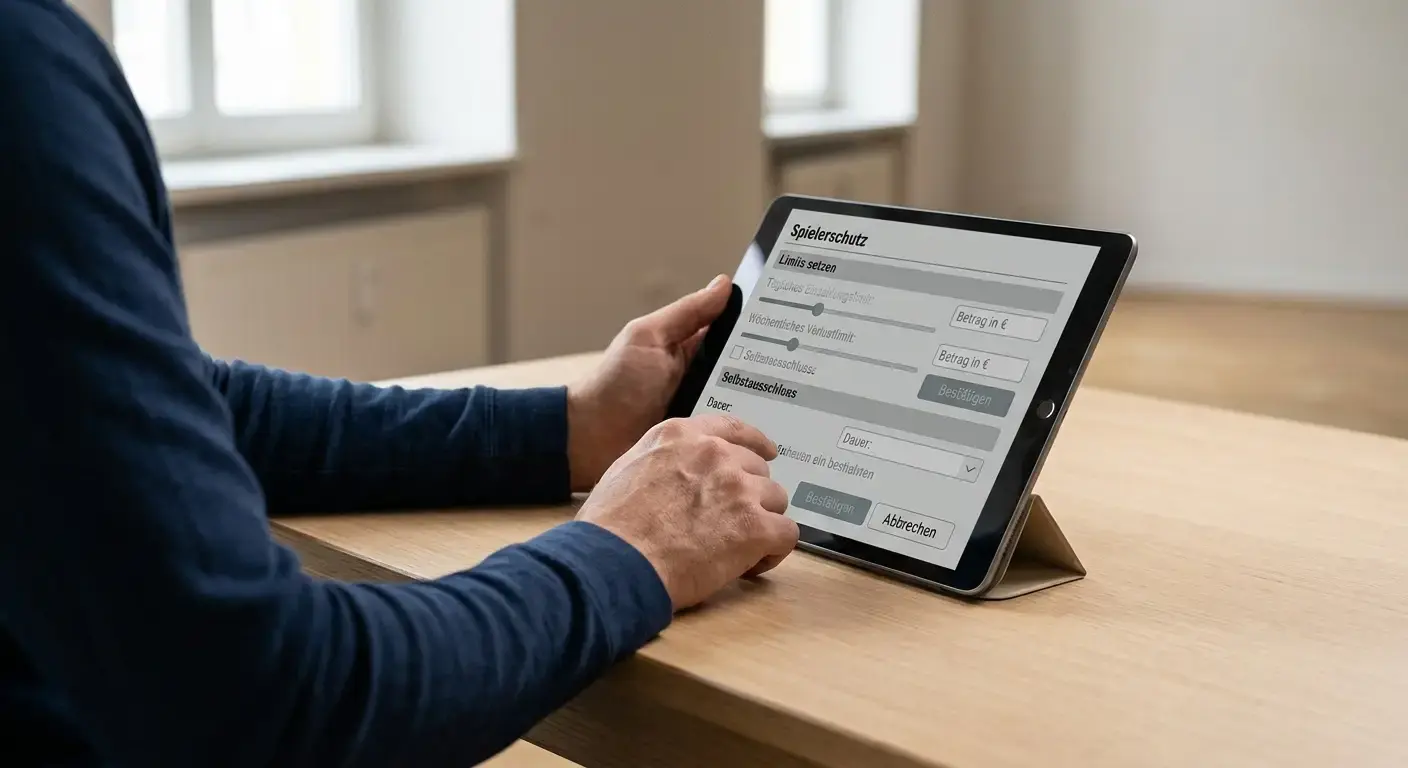 Person setzt Limits in einer abstrakten Spielerschutz-Oberfläche auf einem Tablet
