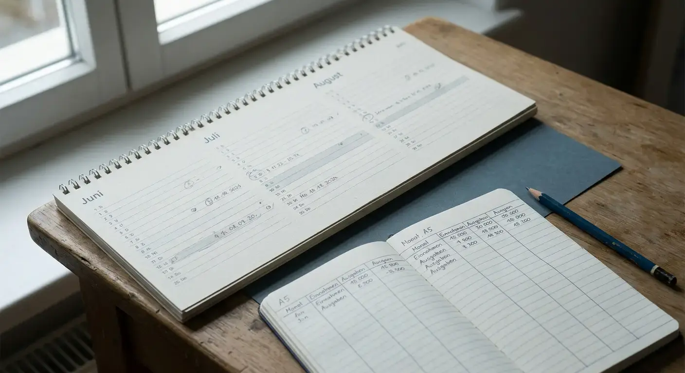 Kalender mit markierten Zeiträumen und Notizen zu langfristiger Budgetplanung