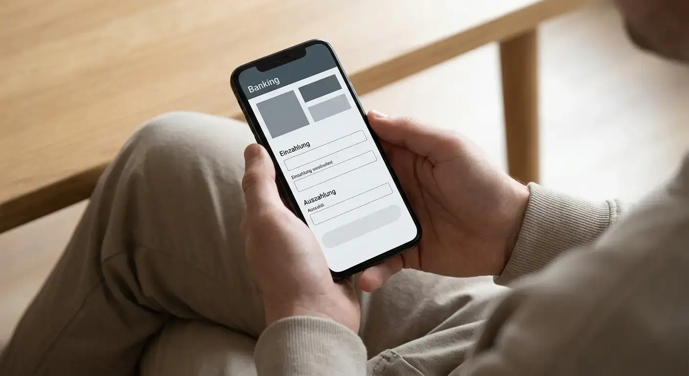 Hands bedienen Smartphone mit Banking-App für Trustly-Überweisung