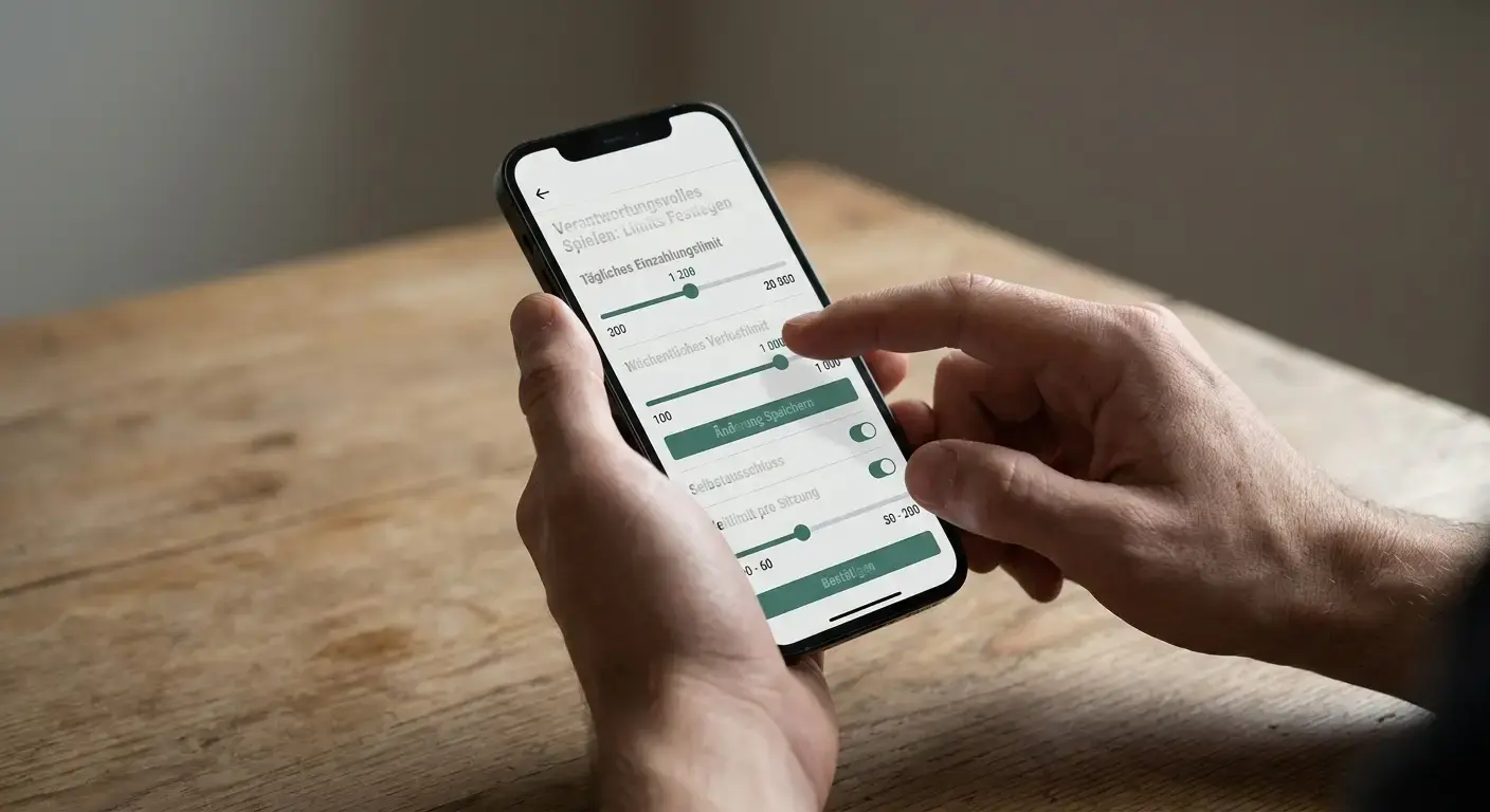 Person richtet Ausgabenlimit in Wett-App ein, Fokus auf Selbstkontrolle und verantwortungsbewusstes Spielverhalten